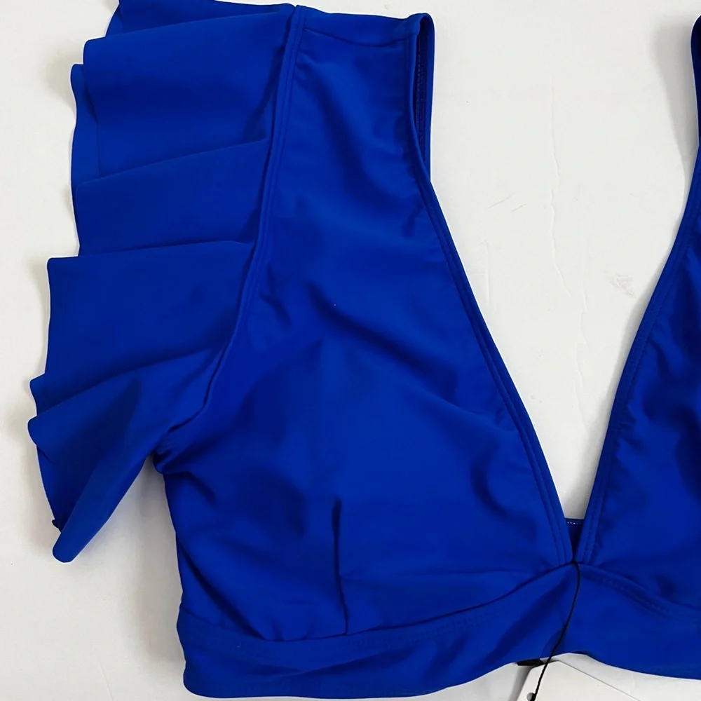 Sporlike Two Piece Swimsuit Ruffle Sleeve Blue Floral High Waist Bottoms…